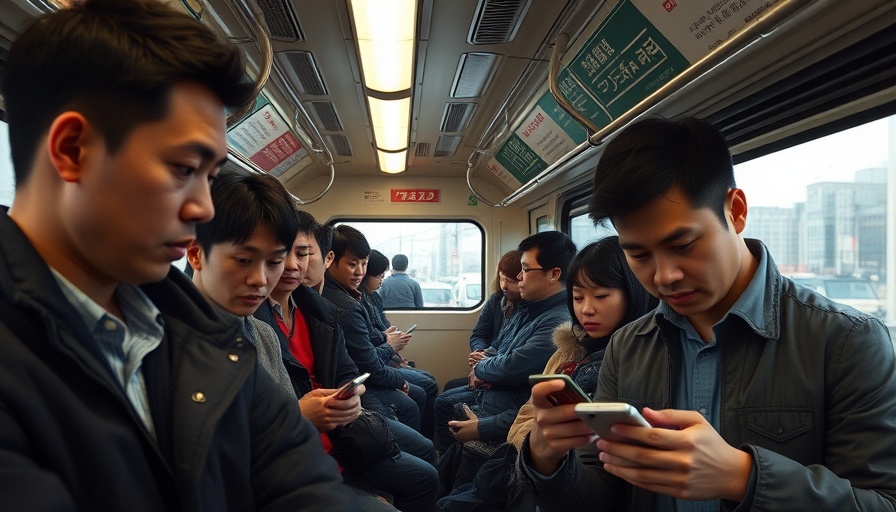 Japanese commuters on train using phones, urban travel in Japan.