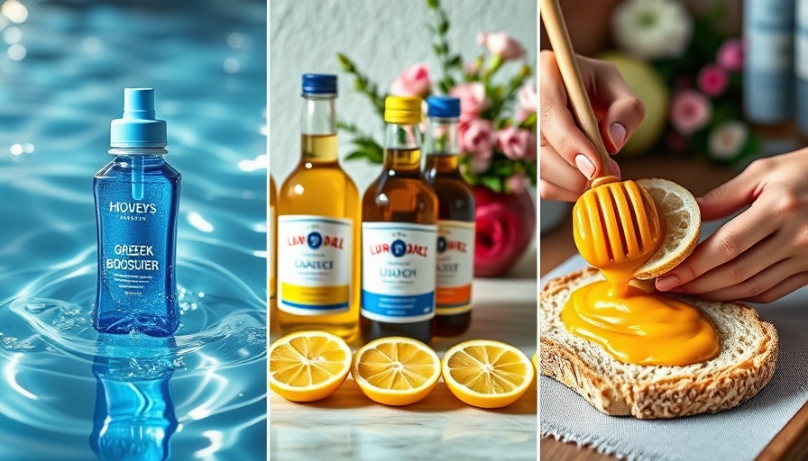 Authentic Greek Identity captured in Greek products featuring cosmetics, liqueurs, and honey spread.
