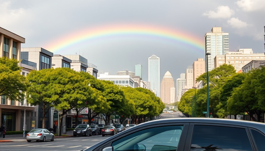 Vibrant rainbow over cityscape, everyday miracles theme.