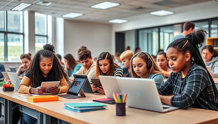 Digital learning environment with students using tablets and laptops.