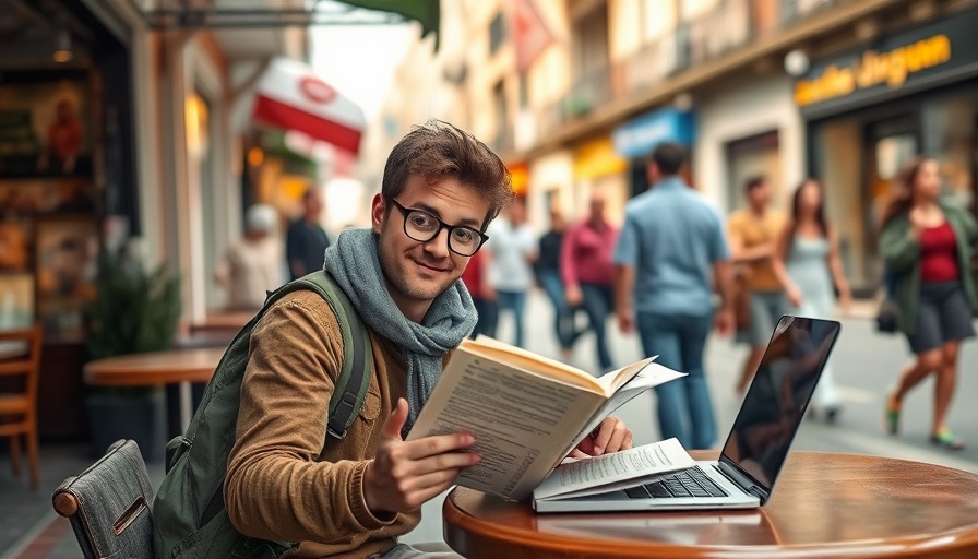Traveler studying local language in a lively cafe setting.