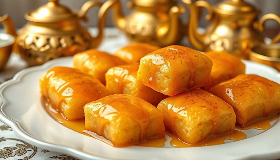 Golden Middle Eastern desserts piled on a white plate.