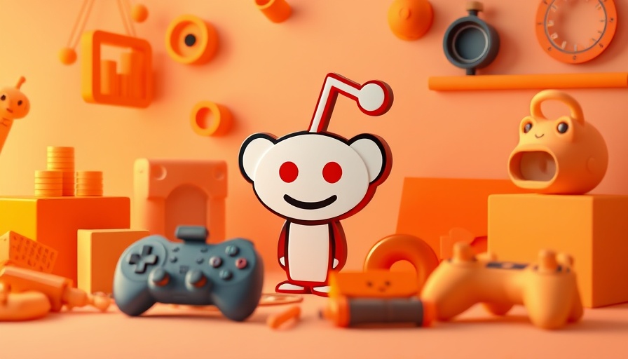 Colorful Reddit logo surrounded by orange 3D objects.