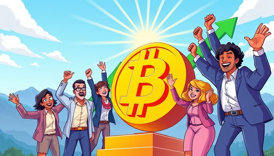 Illustration of Bitcoin price surge with diverse professionals, upward trend.