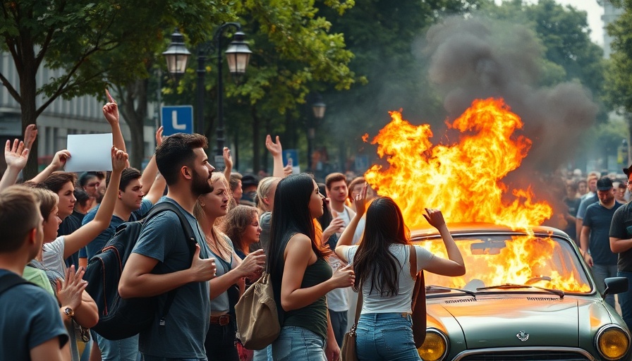 Protesters discussing and a burning car during demonstration