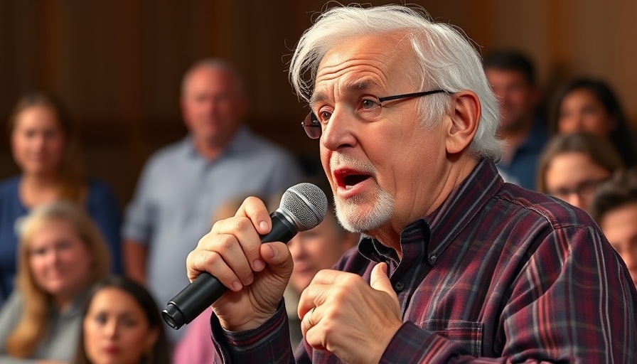 Passionate speaker addressing audience on stage, vivid colors, natural lighting.