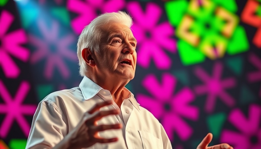 Elderly man speaking passionately on colorful stage; artificial intelligence job replacement.