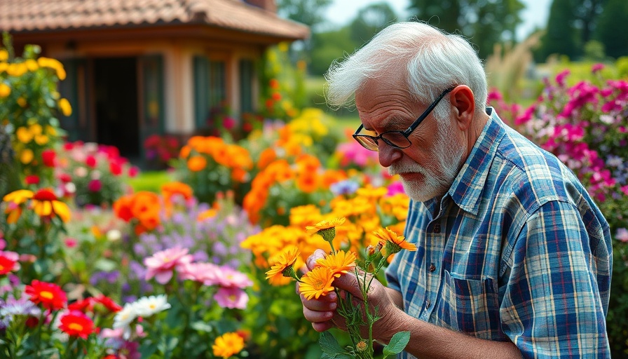 Mindfulness in Nature: Man enjoying vibrant garden.