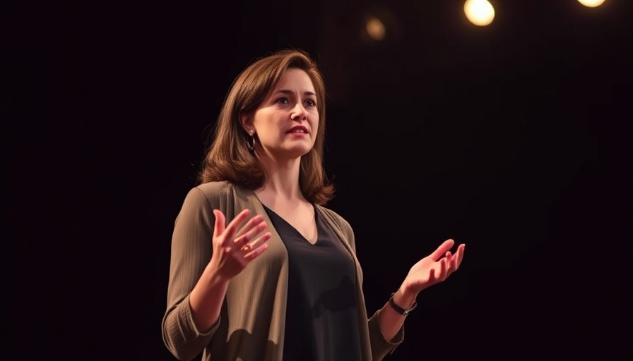 Confident woman at TEDx discussing breast cancer detection.