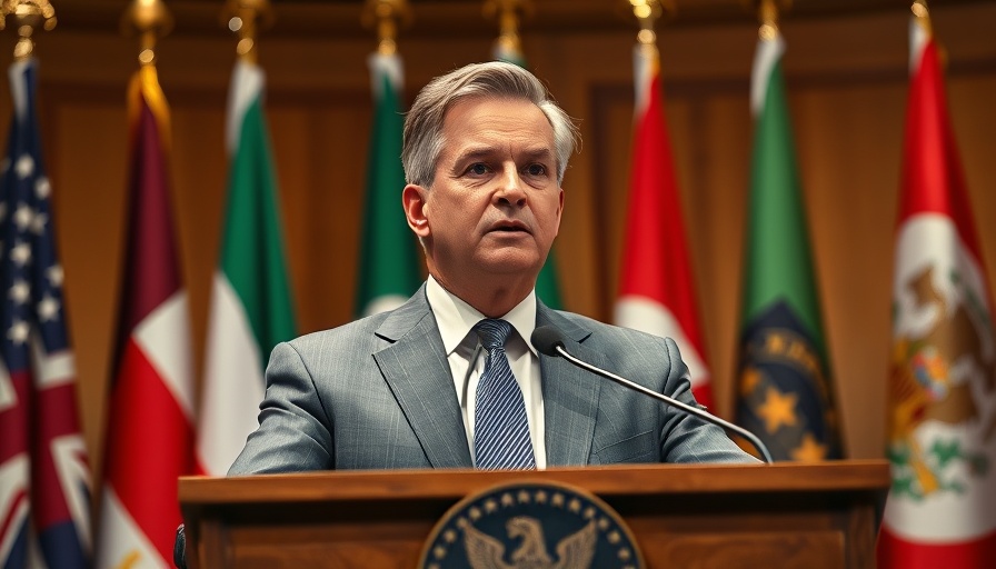 Politician discussing Trump Iran military diplomacy at podium with flags.