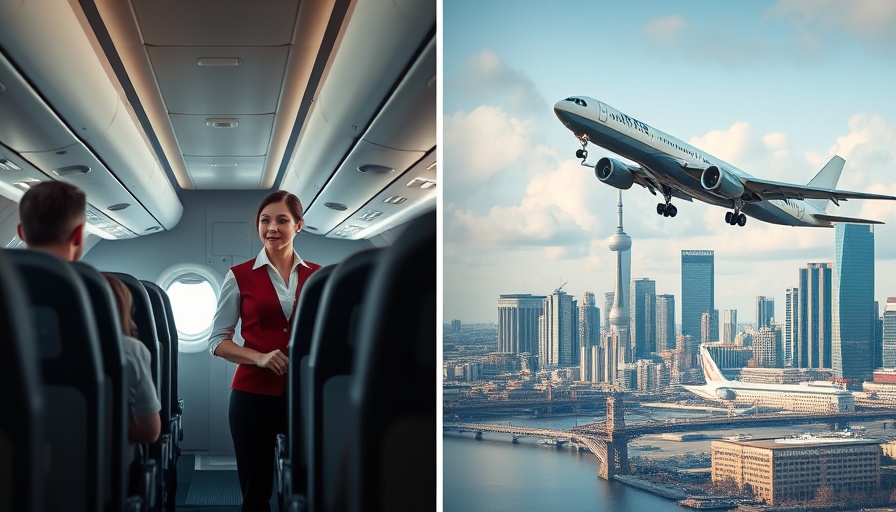 Airline attendants serving onboard and plane taking off with cityscape backdrop, best and worst airlines for 2025.