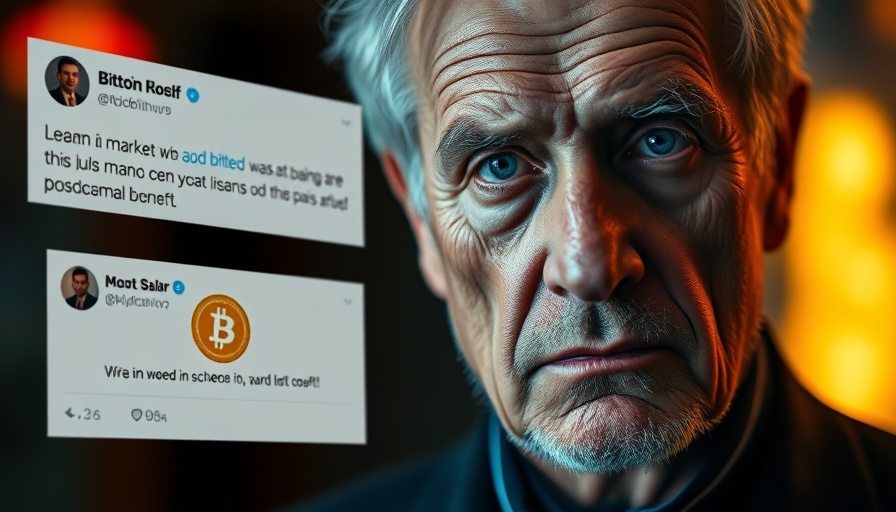 Bitcoin price movements visual with serious older man and tweet.