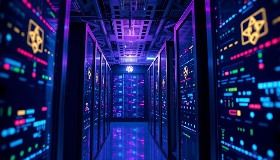 Futuristic web hosting concept with server racks and digital symbols.