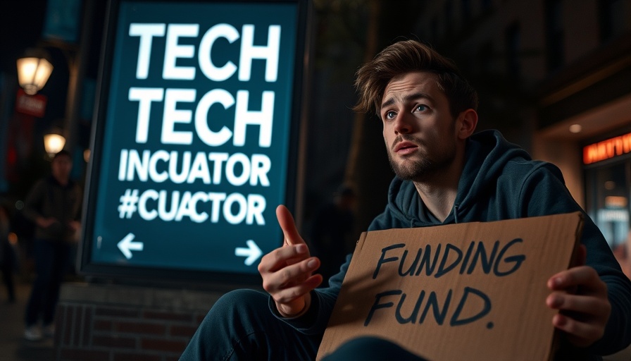 Young man outside tech incubator gesturing about startup funding at night.