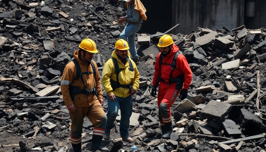 Rescue workers analyzing rubble amid nuclear tension.
