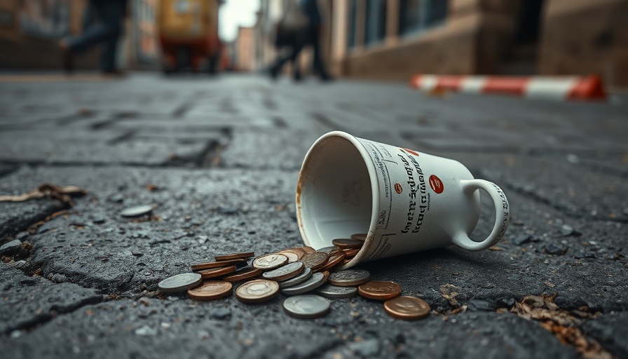 Stop Telling Poor People to Act Rich: empty cup with coins on pavement.