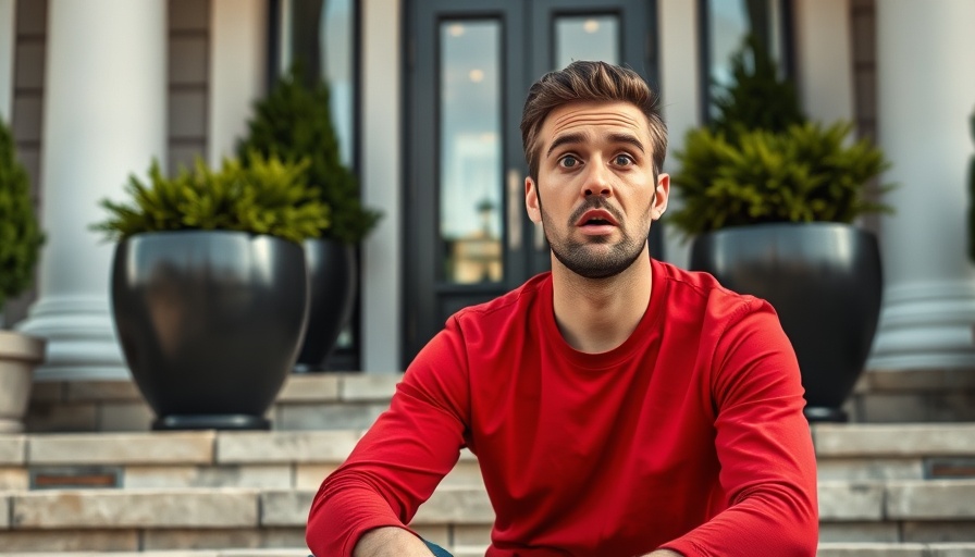 A surprised man in red shirt reacts on steps, modern doorway.