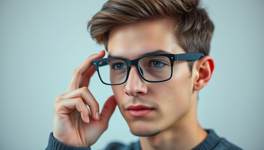 Young man adjusting Meta AI Smart Glasses with focused expression.