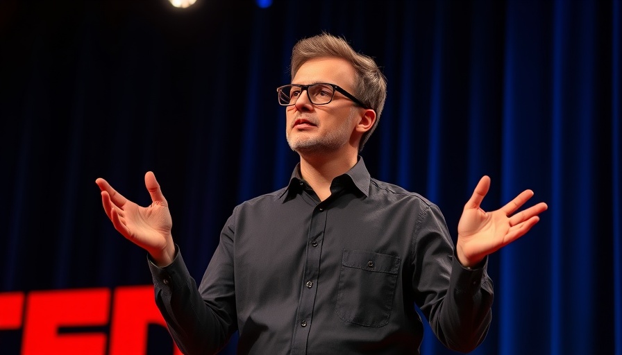 Confident speaker delivering TEDx talk on LGBTQ Inclusion.