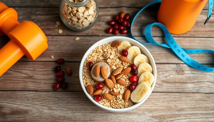 Nutritious breakfast bowl with fitness accessories promoting financial management for a healthy lifestyle.