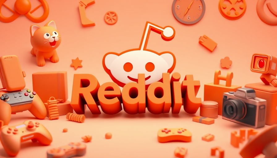 Reddit logo and orange 3D objects in vibrant cartoon style.