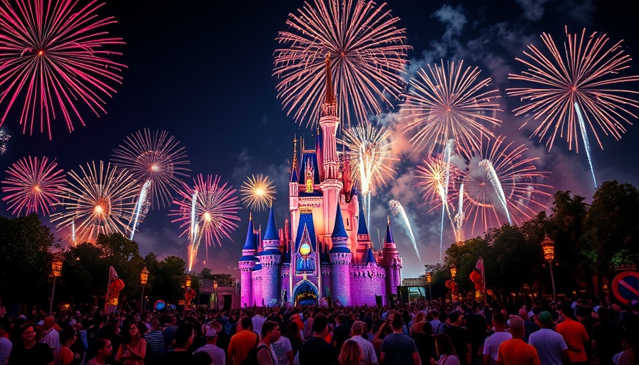 Magical night at Disney with fireworks and castle view.