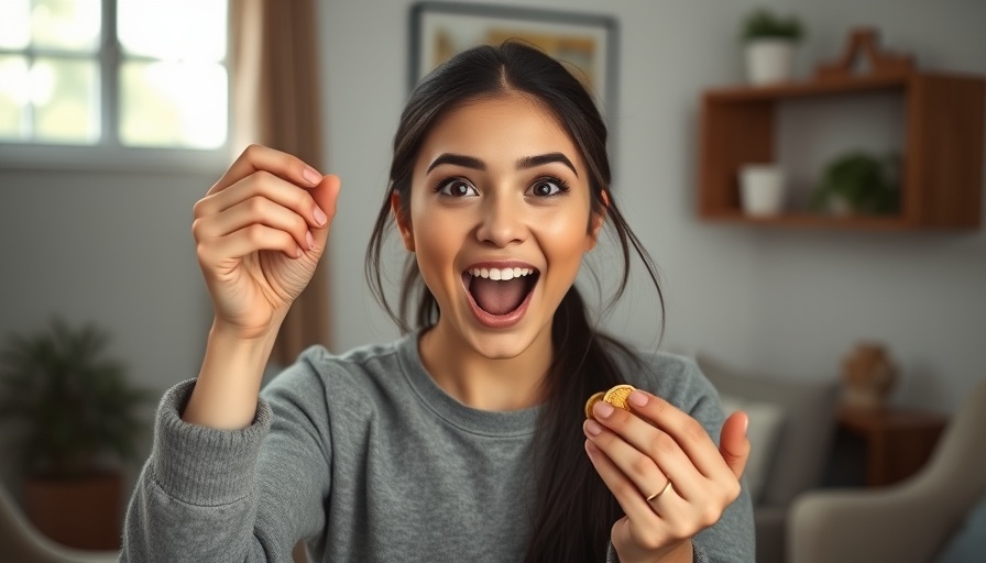 Young entrepreneur celebrating success holding gold coins.