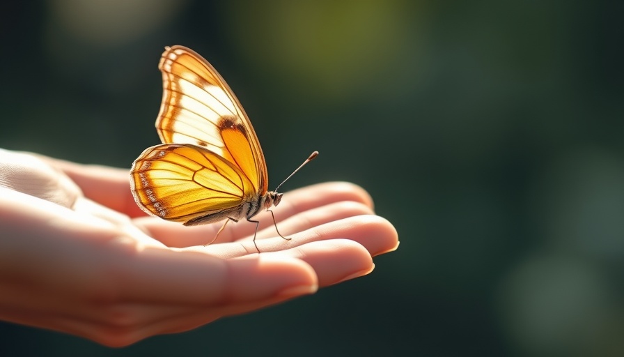 Mindfulness illustrated by a butterfly on a hand.