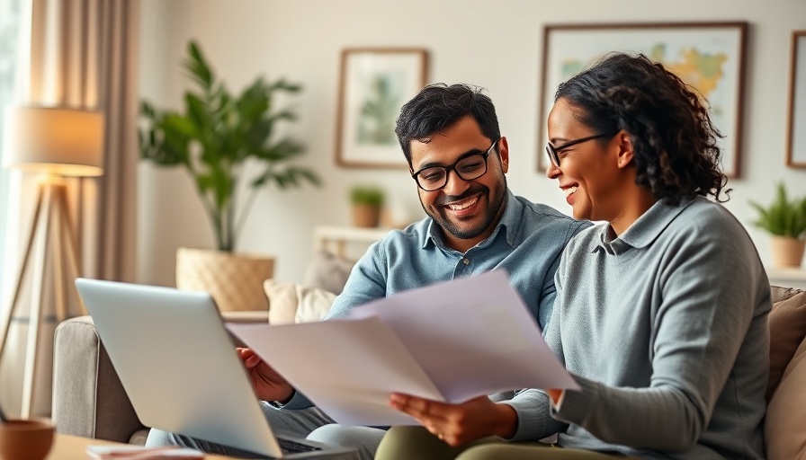 Happy couple planning finances at home for financial freedom in marriage.