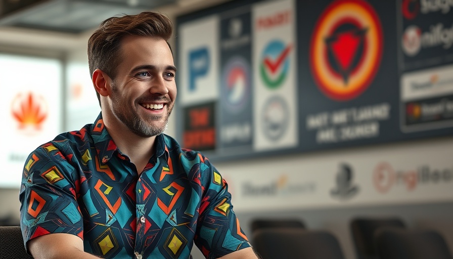 Man discussing political topics, seated indoors, logos in background.