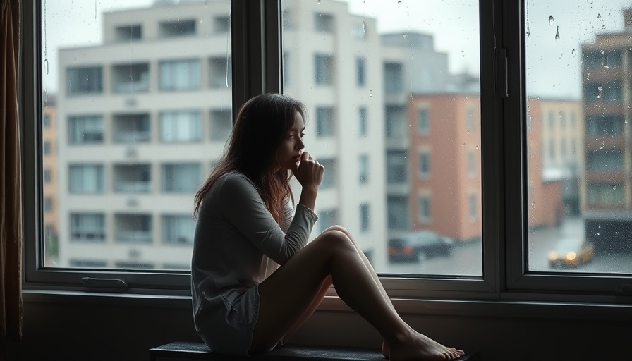 Young woman with anxiety disorders, sitting by a window on a rainy day.
