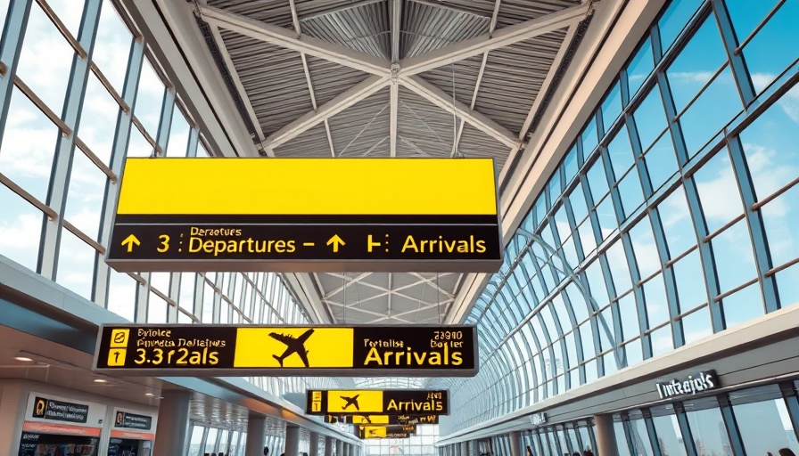 Futuristic air travel in 2025 with arrivals and departures sign.