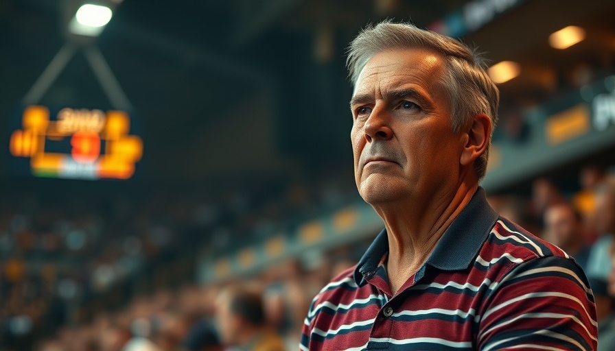 Attentive middle-aged man in a lively arena.