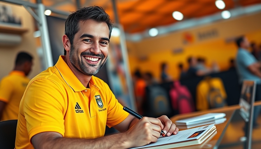 Man in branded polo shirt signing autographs for Custom Apparel Branding