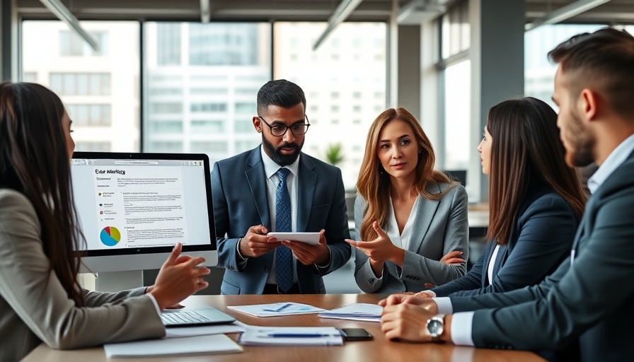Diverse team discussing email marketing tactics in modern office.