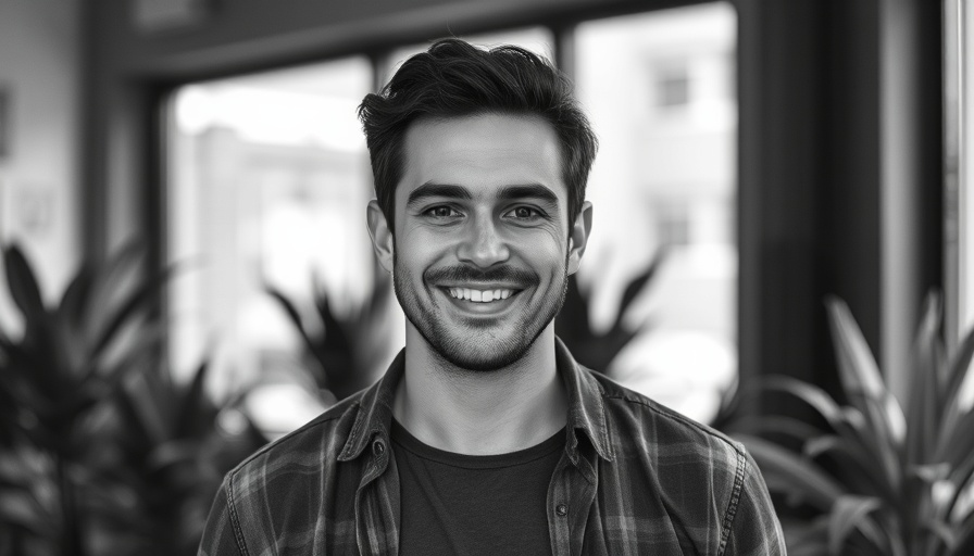 Monochrome podcast promotion with smiling man, Global Branding Strategies.