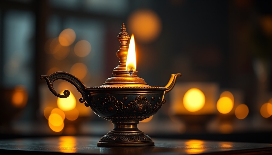 Brass oil lamp with flame symbolizing core Buddhist values.