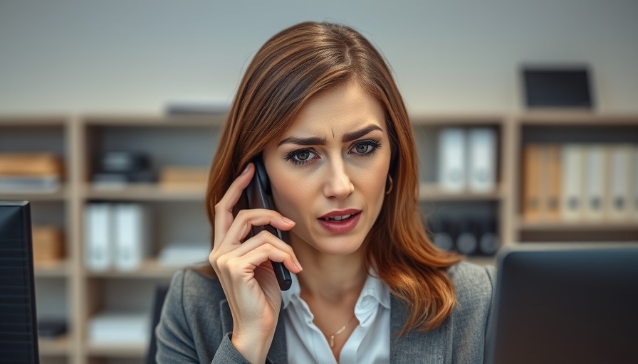 Frustrated professional woman on phone in modern office.