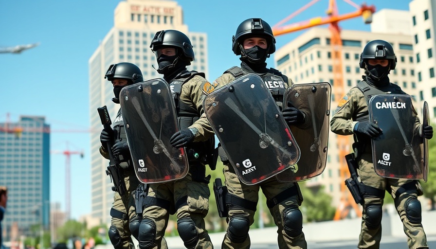 California National Guard members in riot gear standing alert.