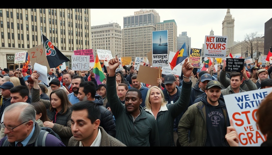 Protest with signs and flags in urban environment, immigration surveillance.