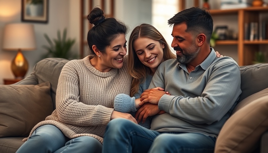 Supportive family on couch, warm living room setting.
