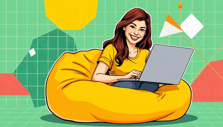 Woman working on laptop with abstract background, Google Ads benchmarks 2025.