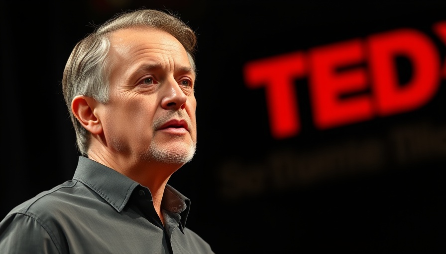 Middle-aged man discussing online anonymity at TEDx stage.