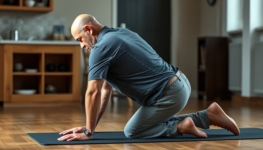 Man demonstrating spine and hip flexibility exercise indoors.