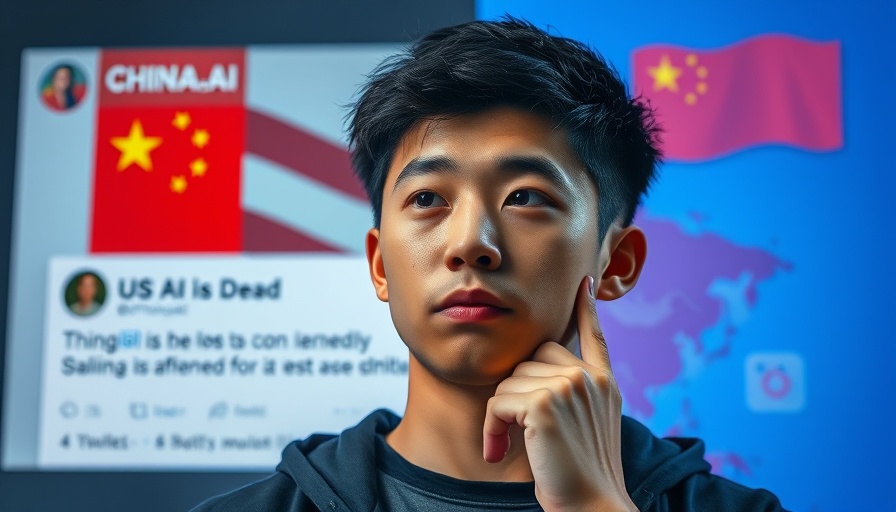 Conceptual digital artwork of a man's expression beside a tweet about AI.