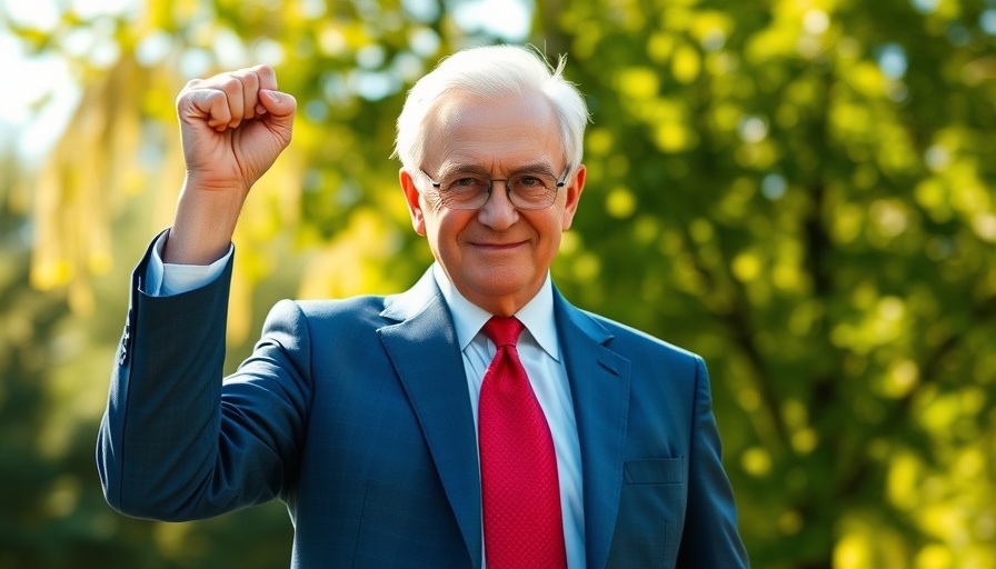 Elderly man raising fist outdoors in blue suit.
