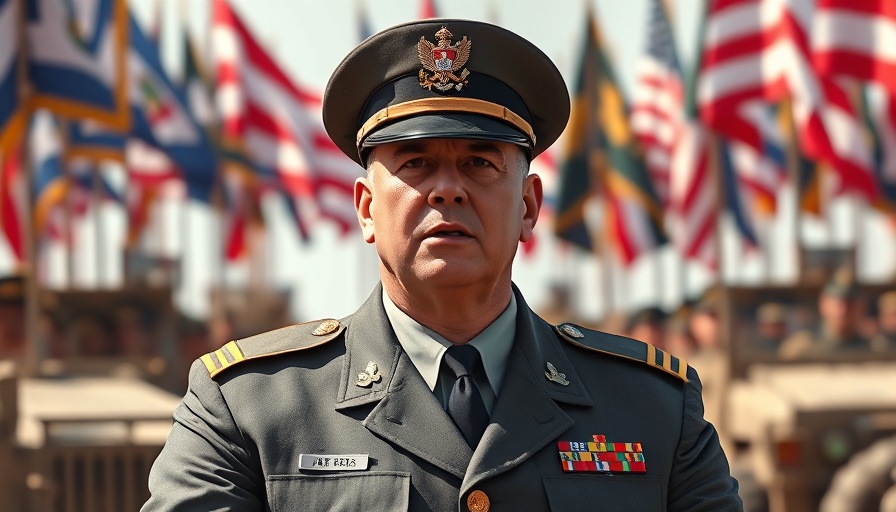 Imposing military leader addressing troops with flags in background.