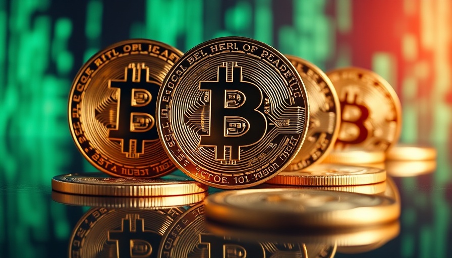Shiny Bitcoin coins with digital matrix backdrop.
