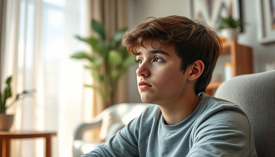 Teenager in therapy office contemplating youth substance abuse and treatment options.
