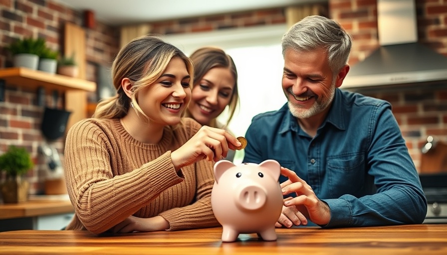 Happy couple saving money in piggy bank in modern kitchen.
